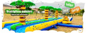 Jeu d'eau gonflable, le ventriglisse ! Eclatez-vous en mode glisse et rigolade assurés, entre ami.es, en famille, pour une fête d'école ou un anniversaire...