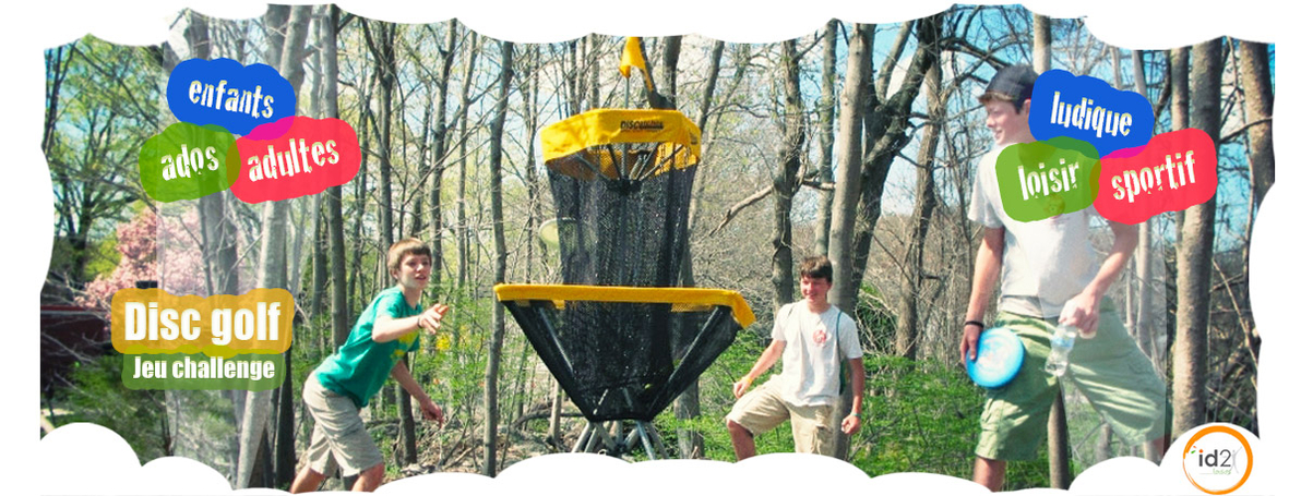 id2loisirs propose la location du jeu challenge disc golf pour les enfants et les adultes, sur le lieux de votre choix, pour votre événement en famille, en entreprise ou un événement publique.