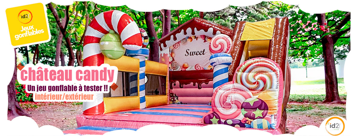 Nouveauté ! Château gonflable Candy ! Les enfants sont dans un environnement de friandises colorés ! Des bonbons grandeur nature !
